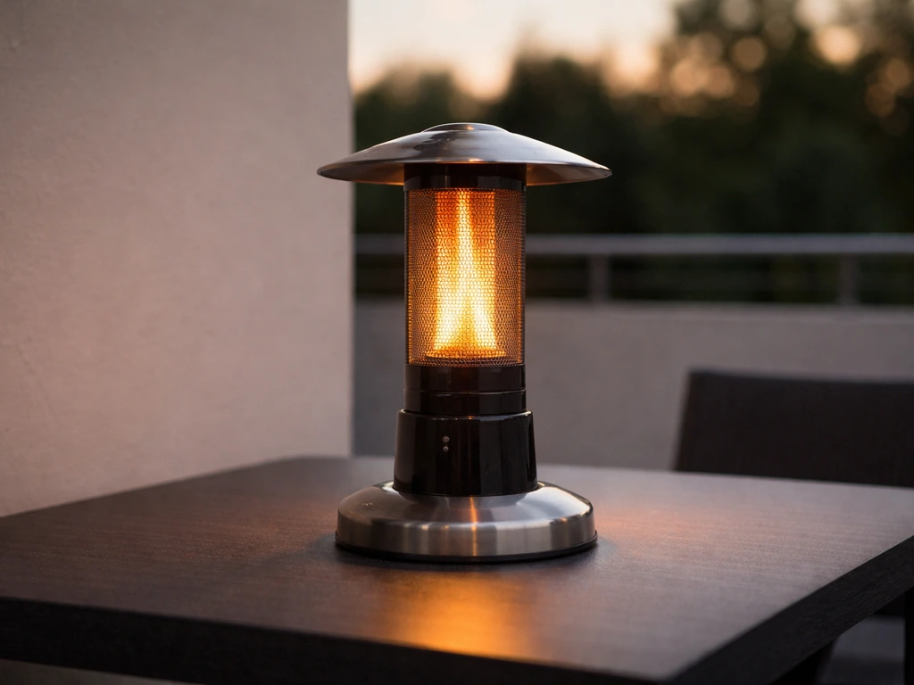 4kW tabletop patio heater glowing on a small outdoor table on a modern patio at dusk