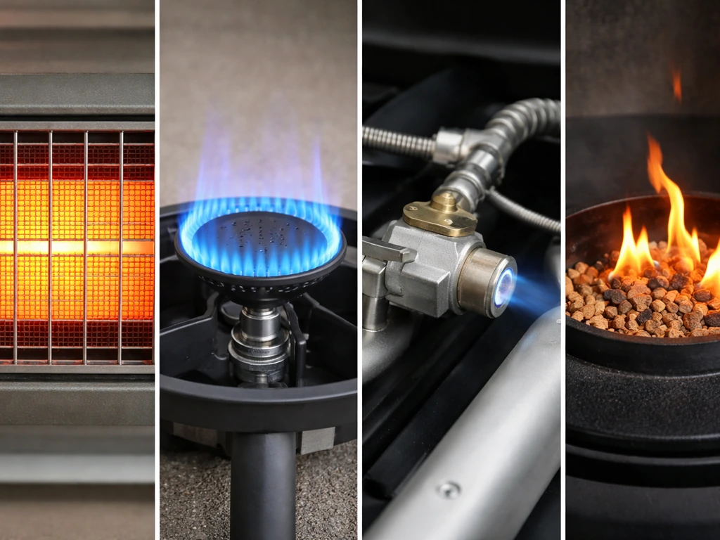 Four simple side-by-side scenes showing electric infrared glow, propane flame, gas burner, and pellet heater bowl