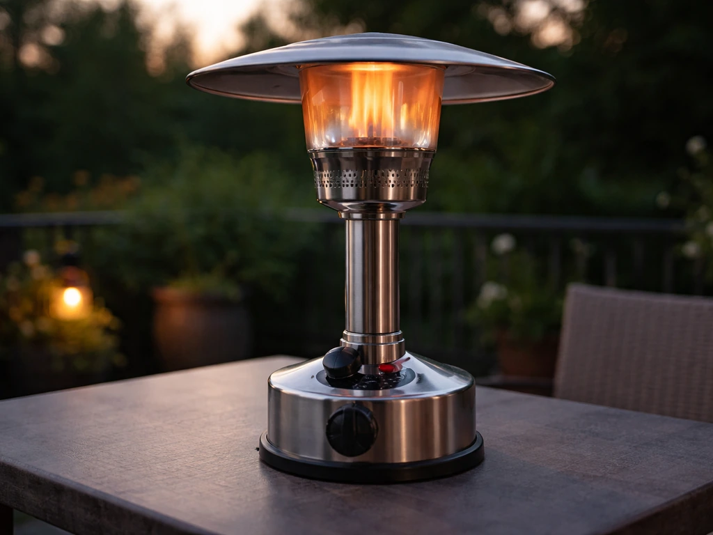 Propane tabletop heater operating with visible burner flame and nearby control knob/regulator on a table.