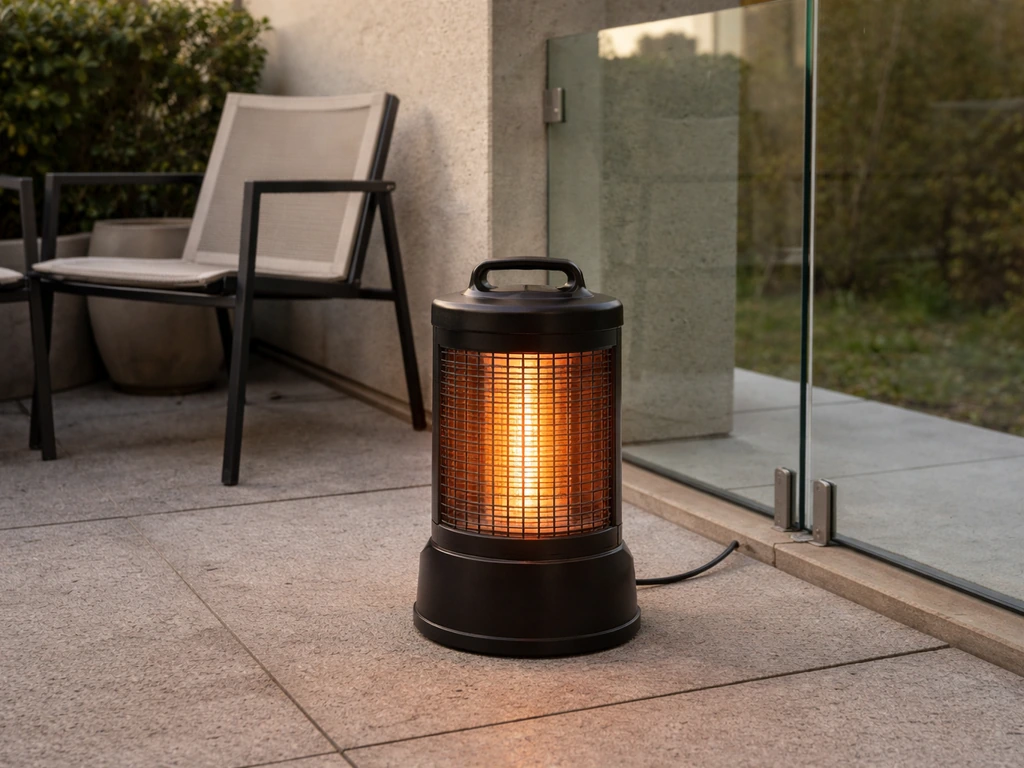 Tabletop infrared heater on a patio beside wind barrier, showing sheltered placement for warmth.