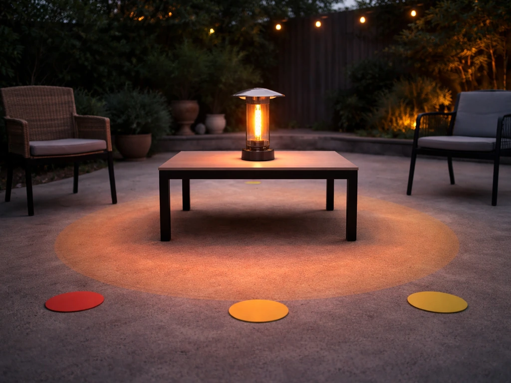 Minimal patio scene with a tabletop heater and seating positions shown by simple colored floor markers