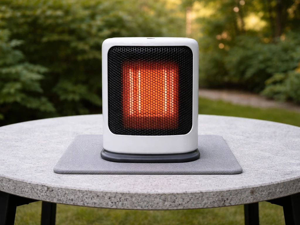 Tabletop heater securely placed on a stable, level garden table with noncombustible base area visible.