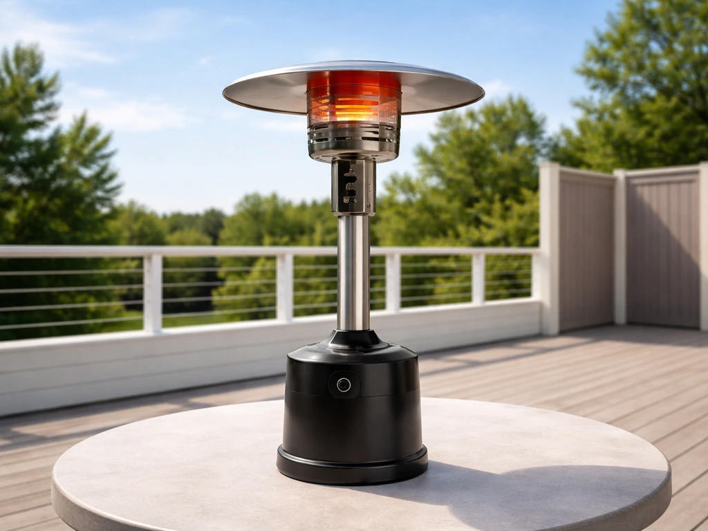 Outdoor patio gas heater near an open area, emphasizing ventilation and avoiding enclosed spaces