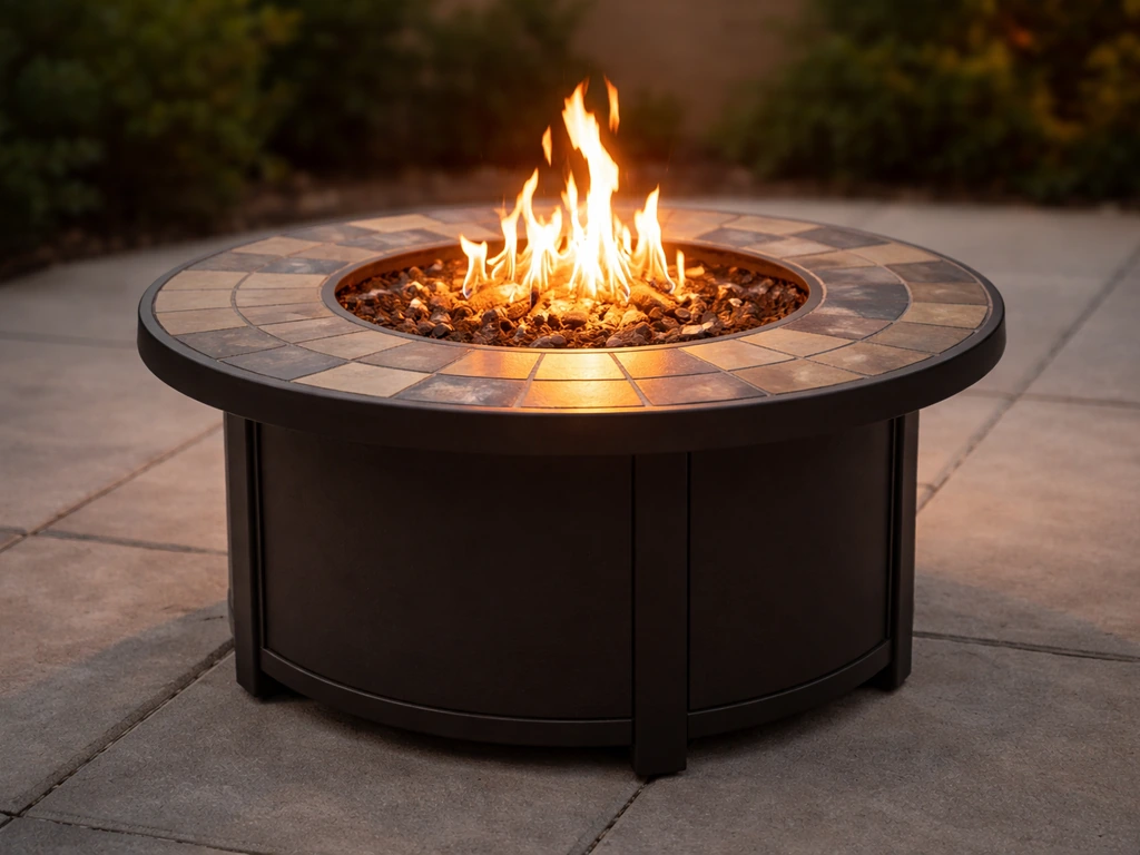 Round tile-top propane firepit glowing on an outdoor patio with warm flames