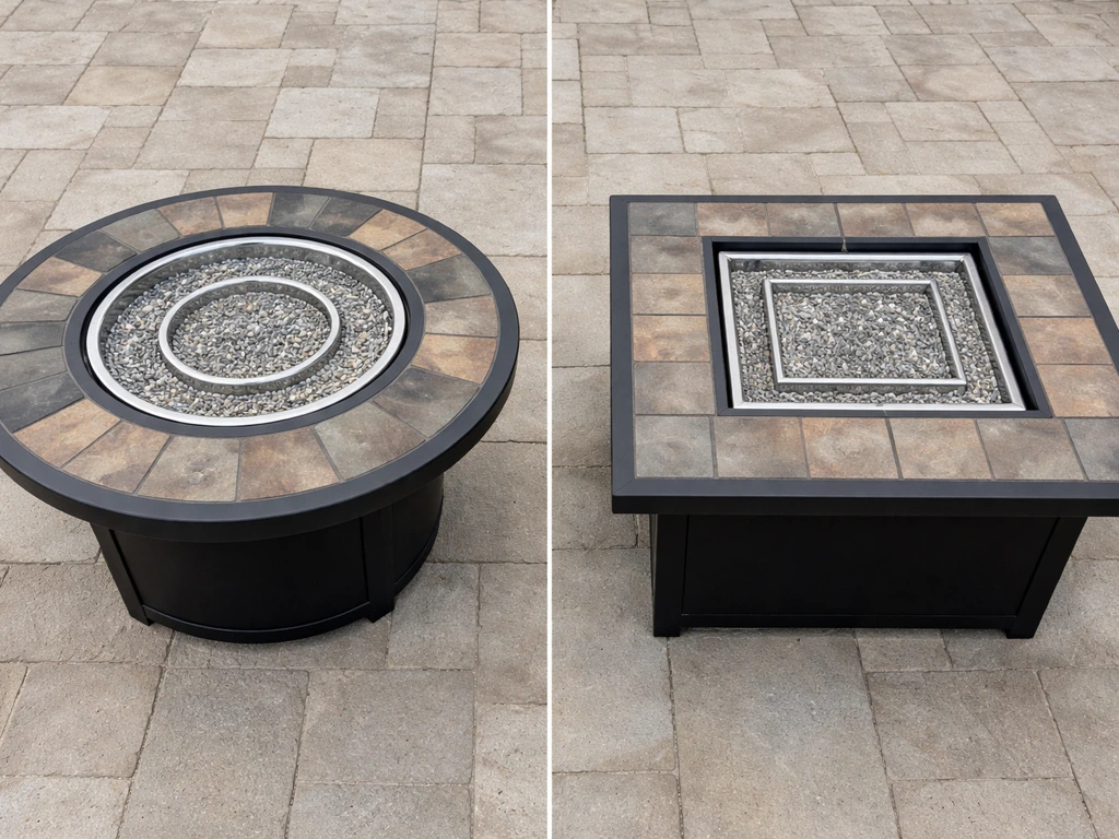 Two firepit layouts side by side: round with circular burner, square with square burner pattern.