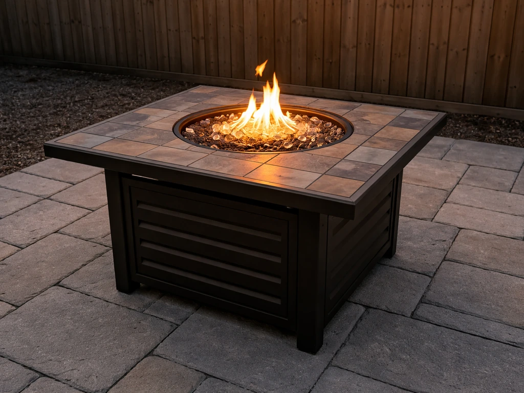 Propane tile-top firepit with a low flame on a patio, highlighting fuel-performance tradeoffs