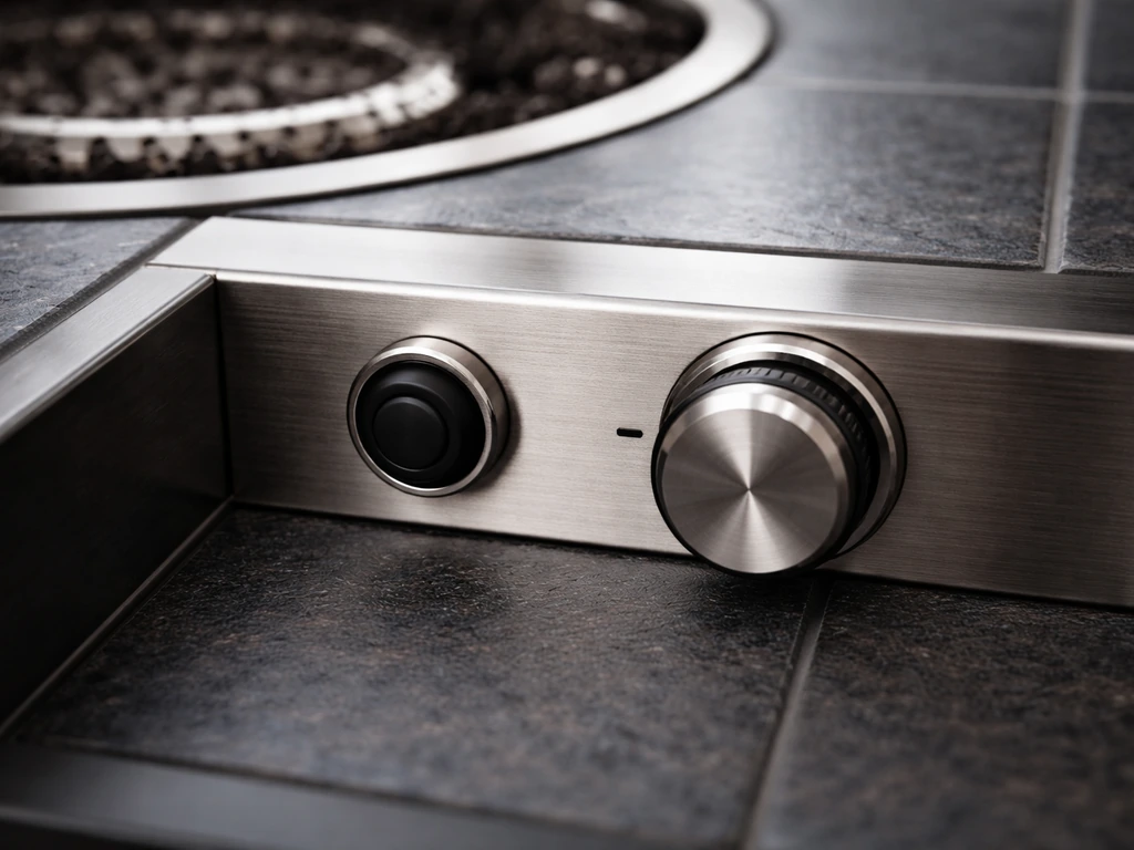 Close-up of a tile-top firepit’s push-button piezo ignition and control knob near the burner area.