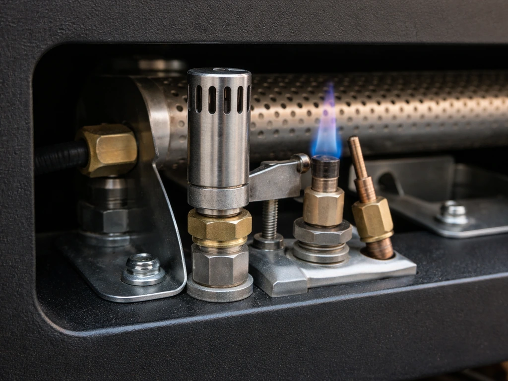 Close-up of a propane fire pit burner showing the ODS/flame-out cutoff safety sensor and parts.