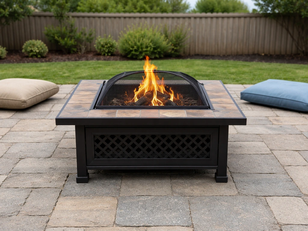 Tile-top firepit correctly set on stone pavers with clear open clearance space around it.