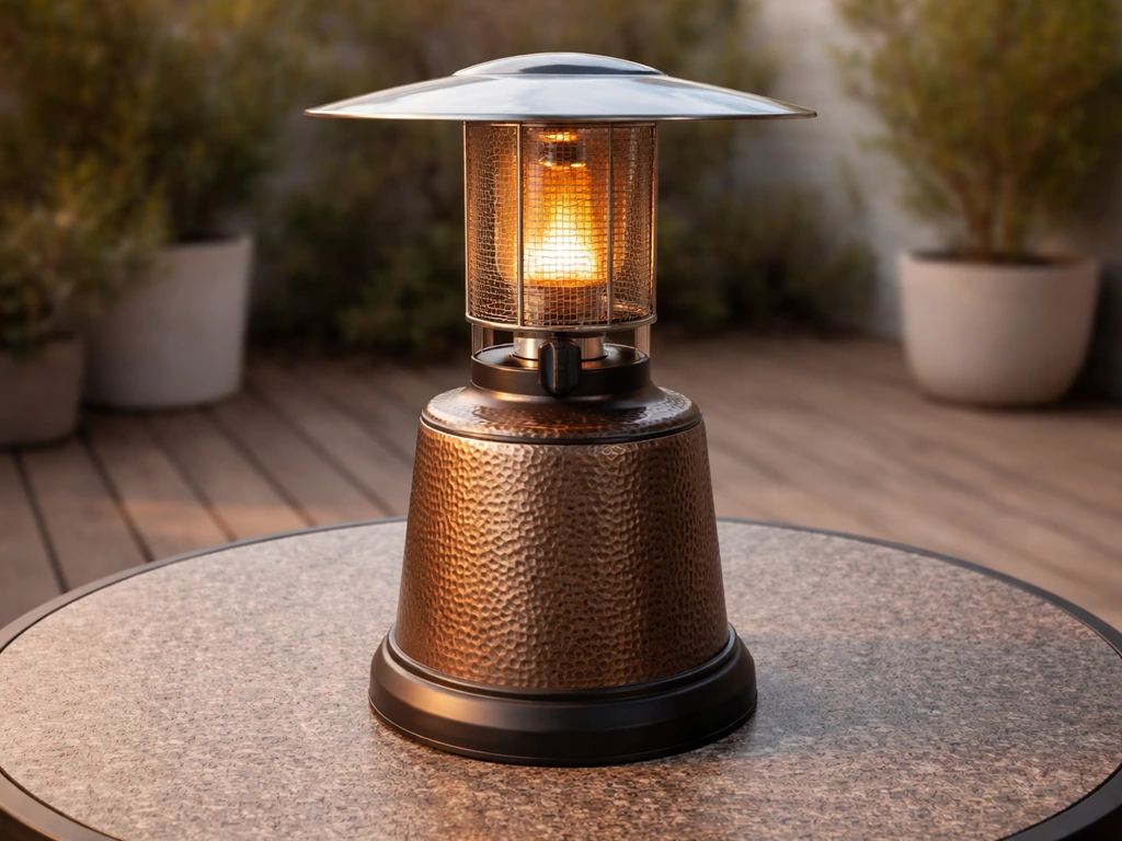 Bronze hammered tabletop patio heater on an outdoor patio table with natural blurred background