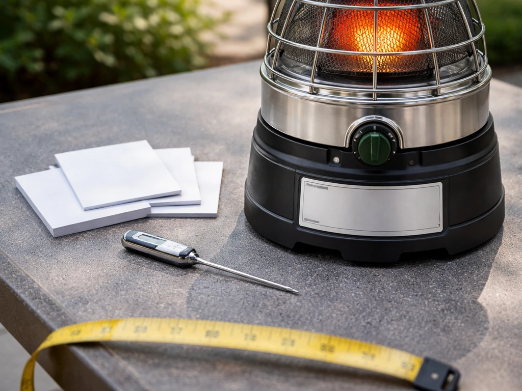 Close-up view of a tabletop propane heater labeled with model number and specs beside a measuring tape