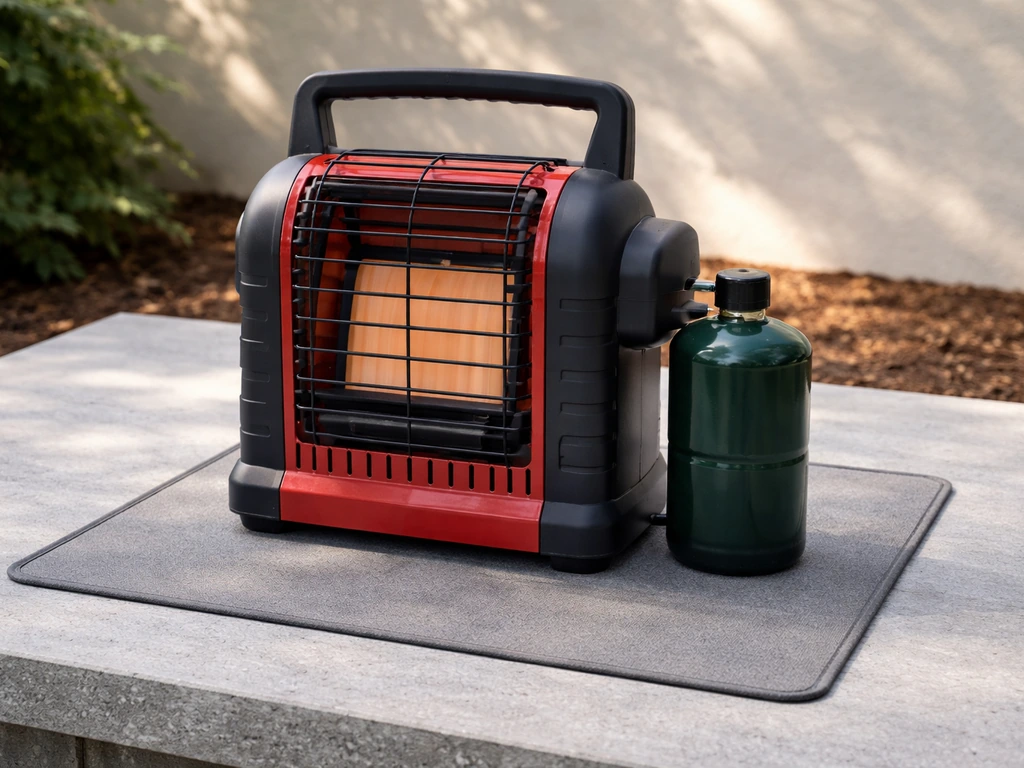 Propane heater on a stable non-combustible tabletop with a small secured 1 lb canister nearby in clear setup.
