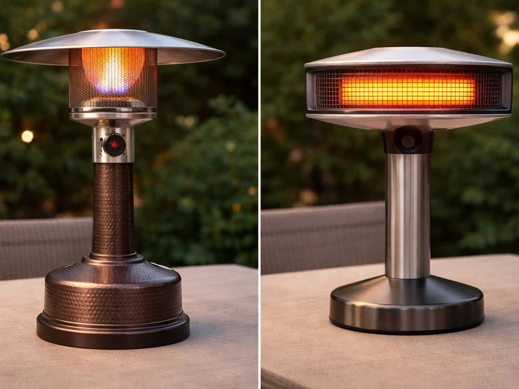 Two tabletop heaters side-by-side: propane flame on bronze unit and electric infrared glow on the other.