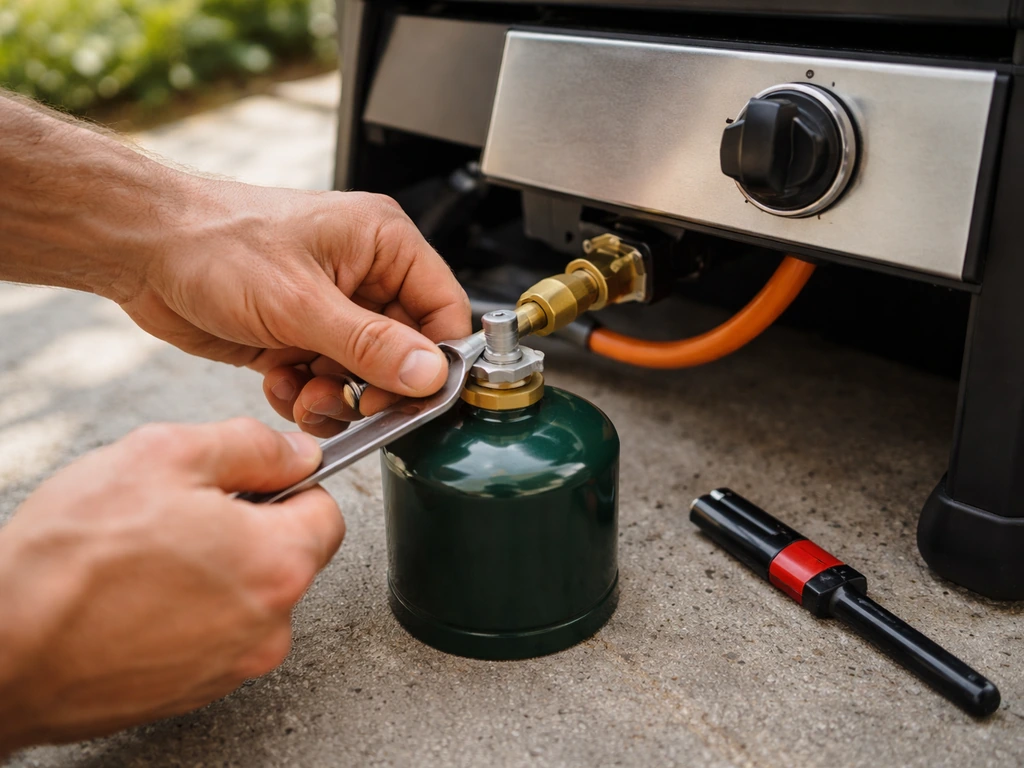 Close-up of a portable gas grill igniter area with wrench and gas canister connection, ready for troubleshooting