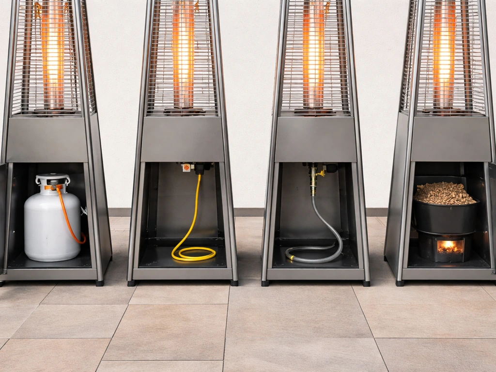 Four outdoor pyramid heater fuel setups showing propane, electric cord, natural gas line, and pellet hopper.