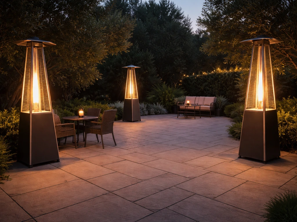 Outdoor patio with multiple spaced pyramid heaters warming seating areas across a large open space.