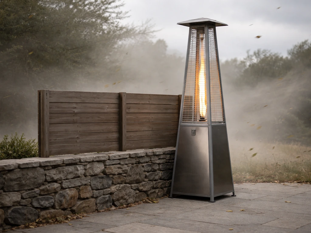 Pyramid patio heater outdoors in windy conditions with a small windbreak showing steadier flame and comfort