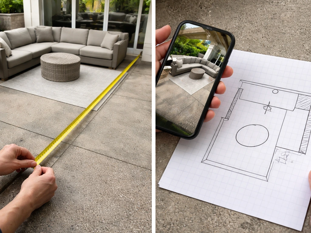 Hands measure an empty patio with a tape and phone over a simple layout showing usable area and clearance.
