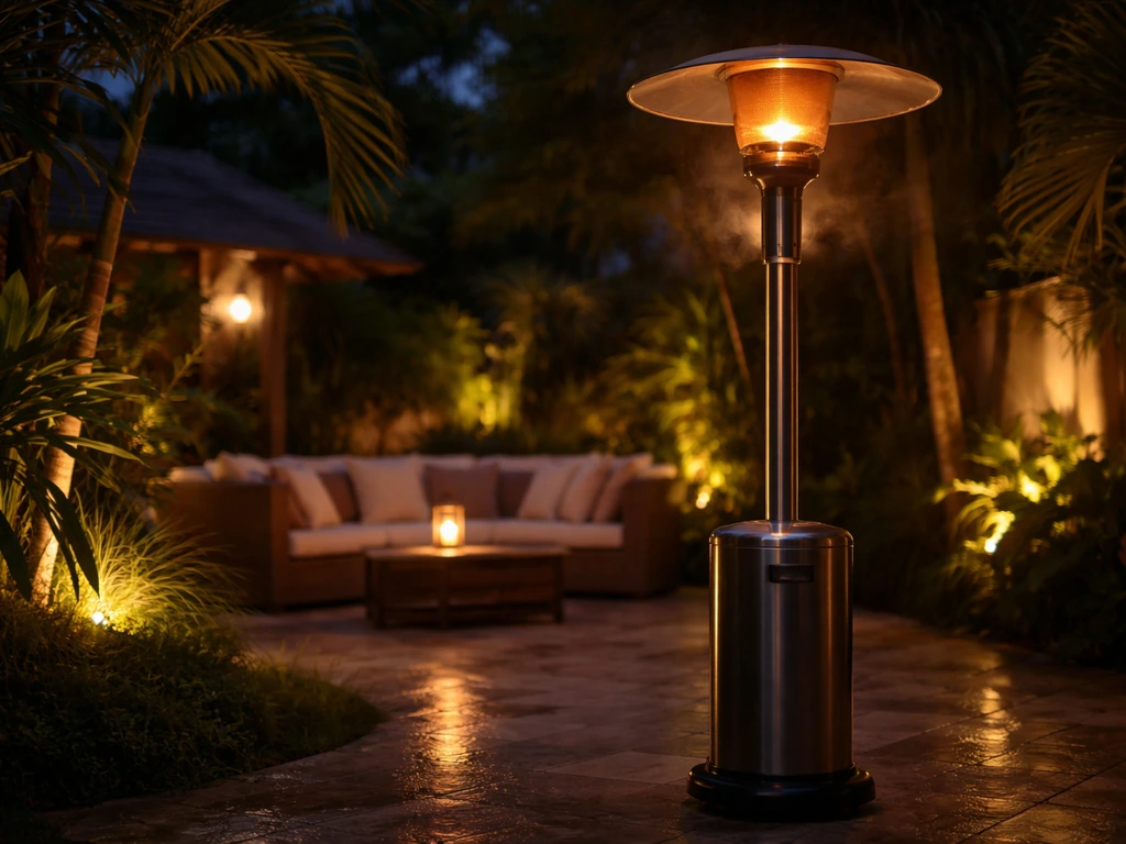 Nighttime Bali-style patio with a freestanding heater glowing and warming an outdoor seating area.