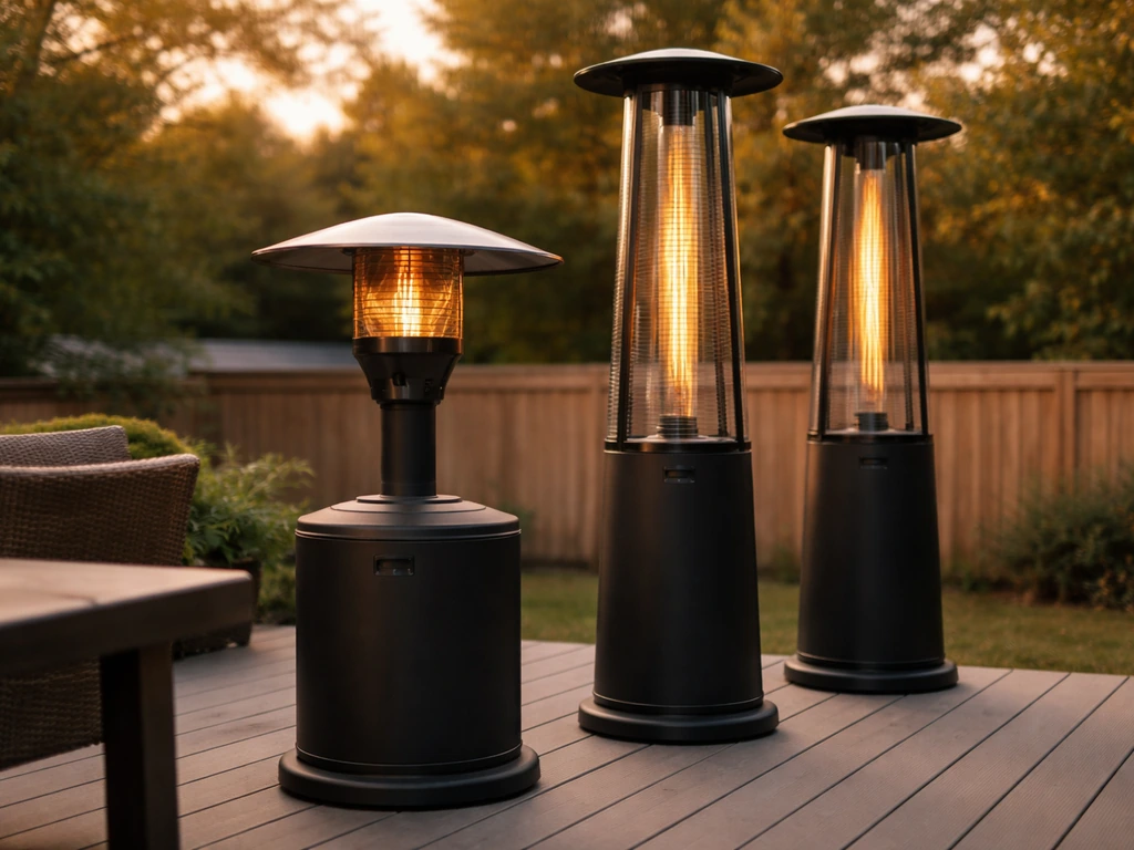 Outdoor patio with a row of anonymous standing mushroom and tall patio heaters from an outdoor living brand lineup.