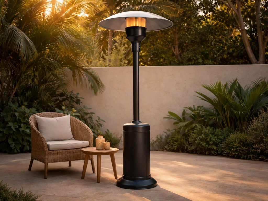 Outdoor patio with a tall 40,000 BTU standing mushroom heater and wide reflective head near seating