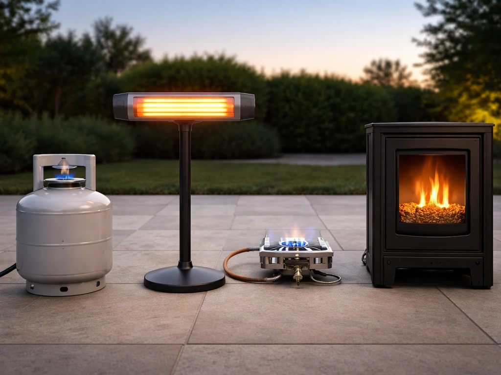 Four patio heater setups showing propane flame, electric heat element, natural gas burner, and pellet bed