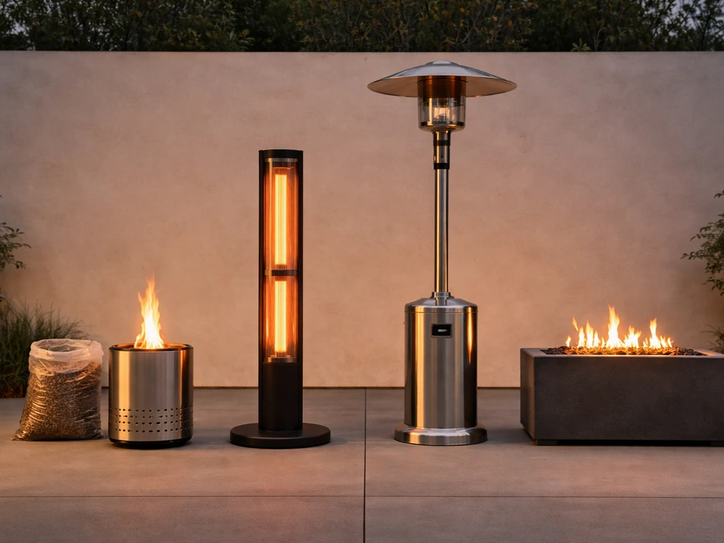 Side-by-side outdoor patio heating options: pellet/biofuel, electric infrared, propane, and natural gas heaters.