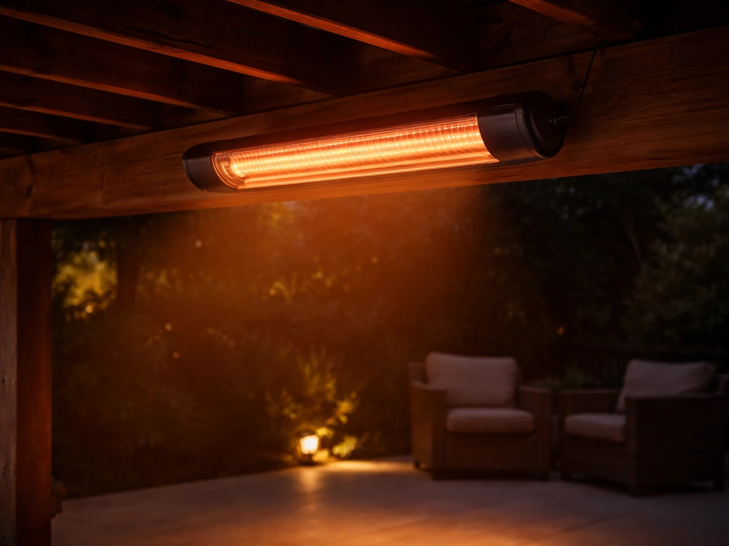 Electric infrared heater mounted under a pergola, glowing and radiating warmth toward outdoor seating.