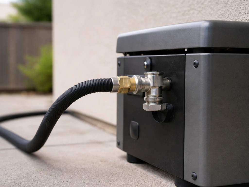 Outdoor natural gas heater connection with visible gas line piping feeding a burner unit