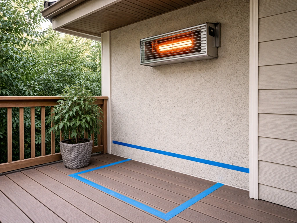 Outdoor patio heater mounted on wall with clear spacing around it from combustibles