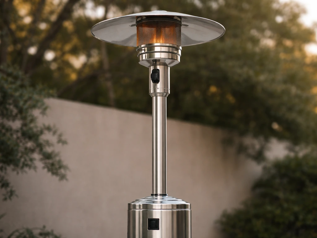 Tall stainless-steel propane patio heater standing on an outdoor patio in natural light.