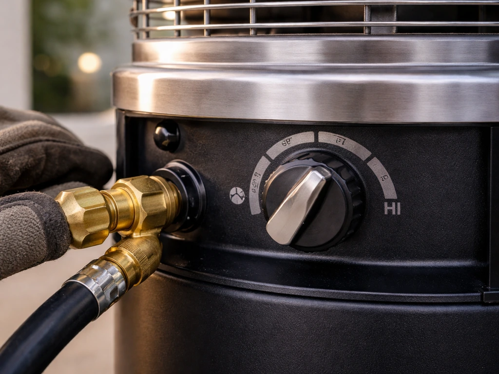 Close-up of a propane patio heater with valve and control knob set from PILOT to LO/HI, minimal indoor/outdoor scene