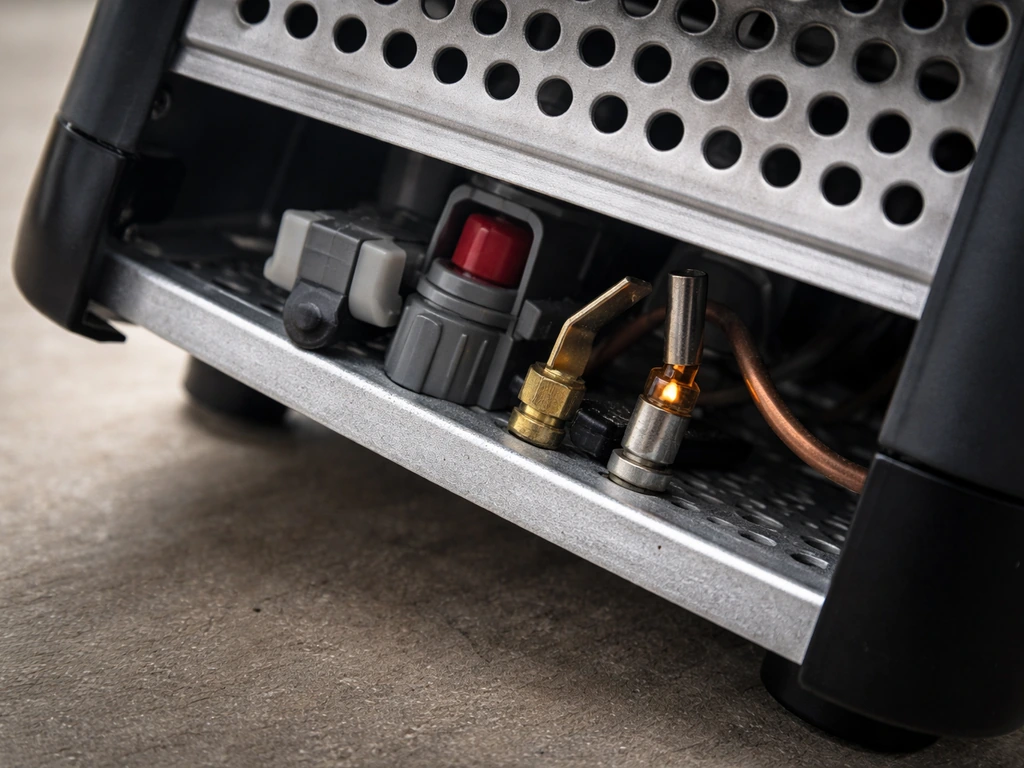 Close-up of a gas heater’s anti-tilt switch and thermocouple/pilot shutdown mechanism after a tilt.