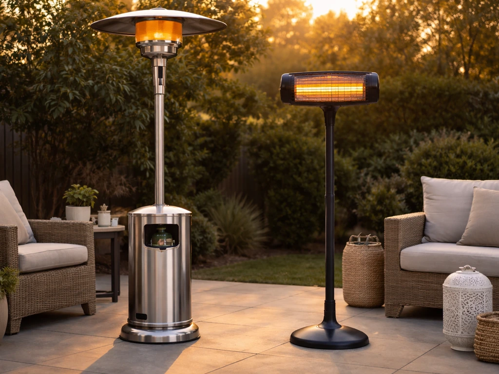 Outdoor patio with a propane standing heater beside an electric heater, showing contrasting setups.