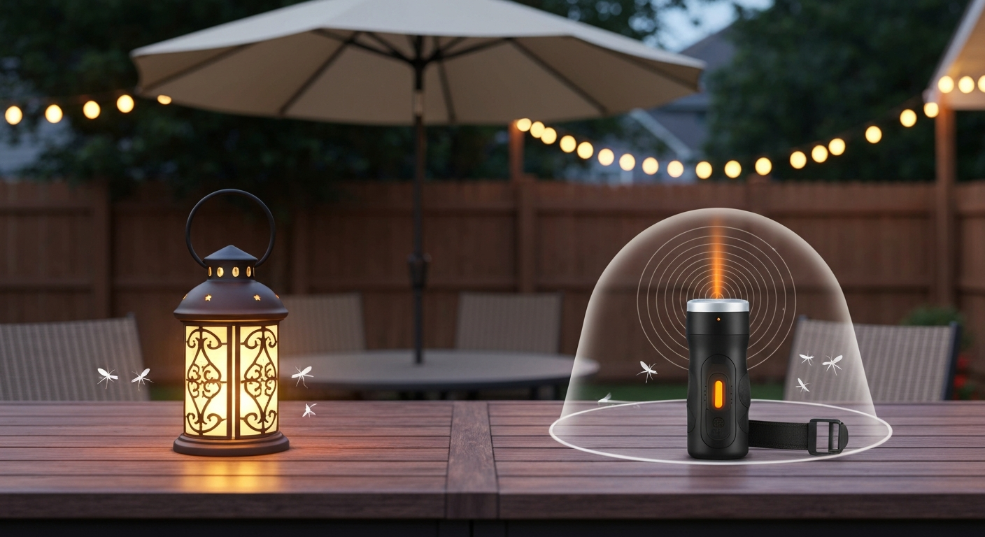 Side-by-side patio product comparison: decorative lantern-style tabletop mosquito repeller and a compact handheld repeller with orange indicator glow on a dusk patio table, showing a faint vapor protection dome and mosquitoes kept outside the zone.