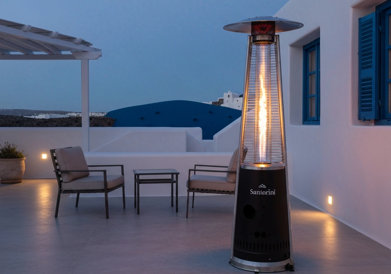 Warm glowing gas patio heater warming a minimal outdoor seating area on a Mediterranean-style patio at dusk.