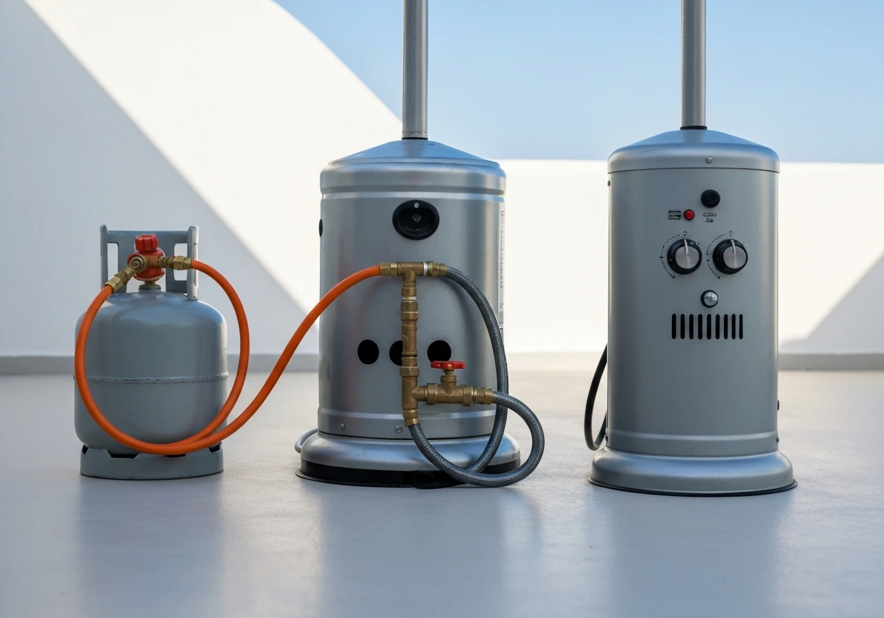 Minimal side-by-side photo of propane tank, natural gas connection, and on-unit heater controls outdoors.
