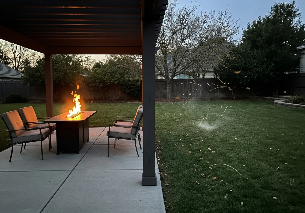 Covered patio warmth near a pergola, while an open breezy yard shows weaker heat spread and drifting air