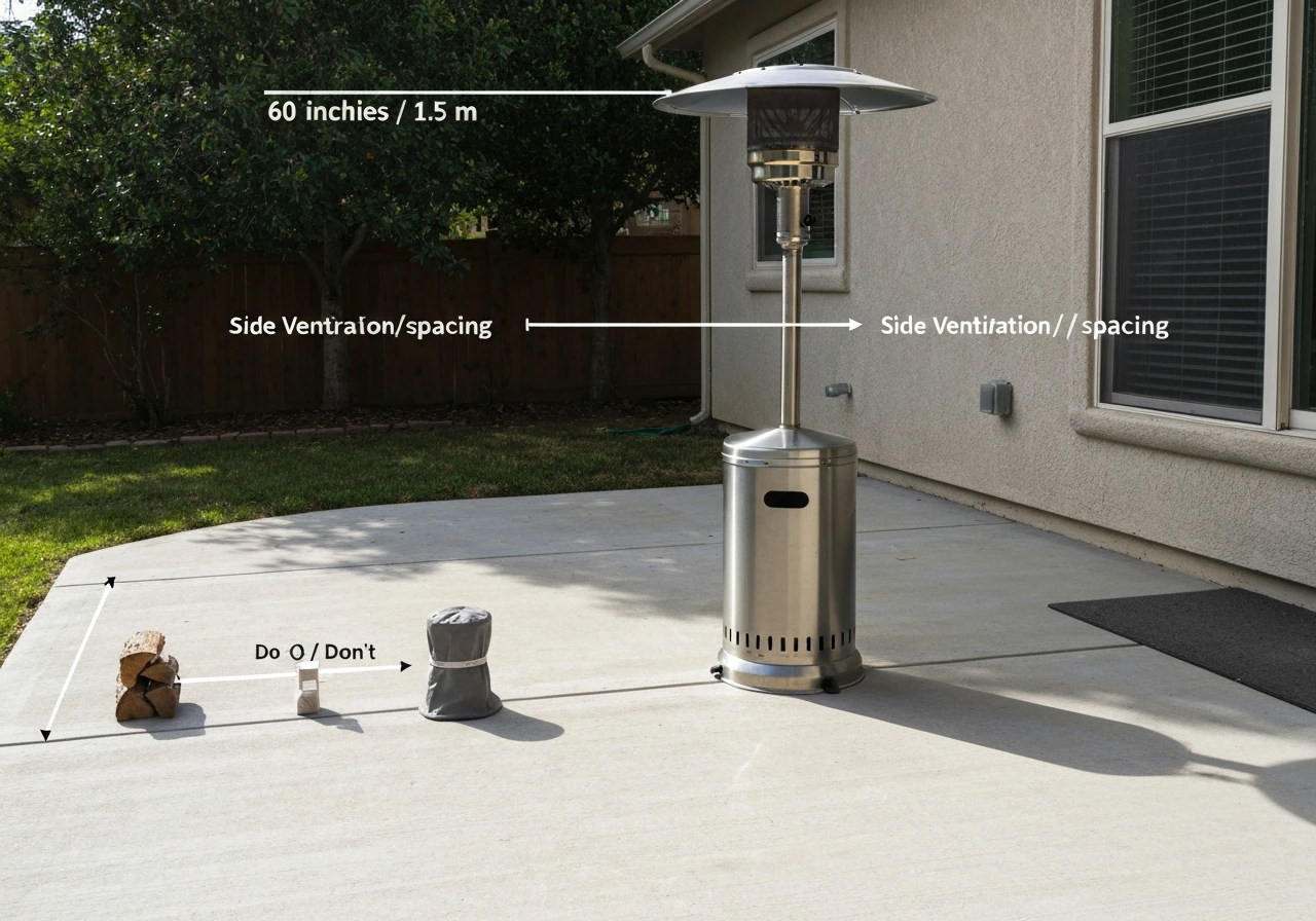 Outdoor patio gas heater with visible overhead clearance and side spacing guides, showing safe placement zones