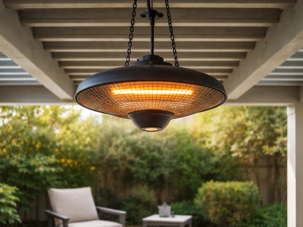 Overhead view of a hanging electric patio heater under a covered patio, warming patio seating below.