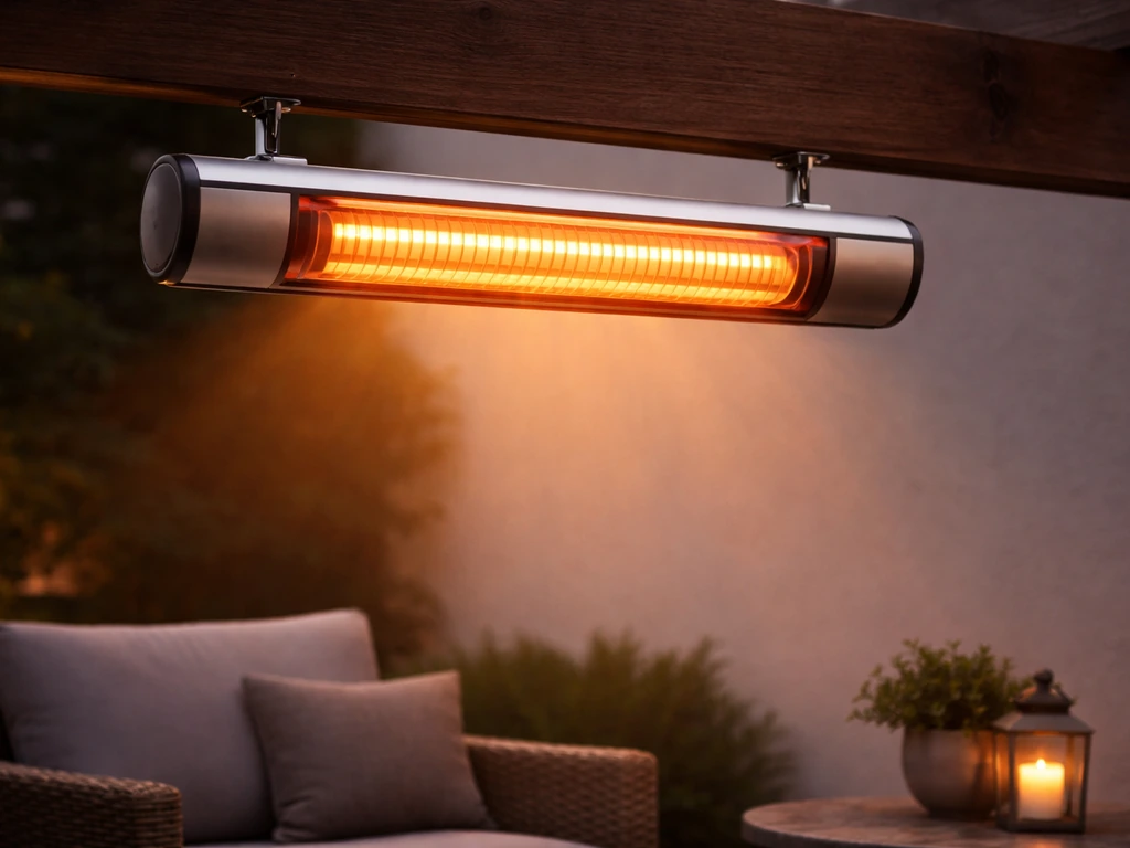 Hanging electric infrared patio heater overhead, projecting warm light onto outdoor seating below.