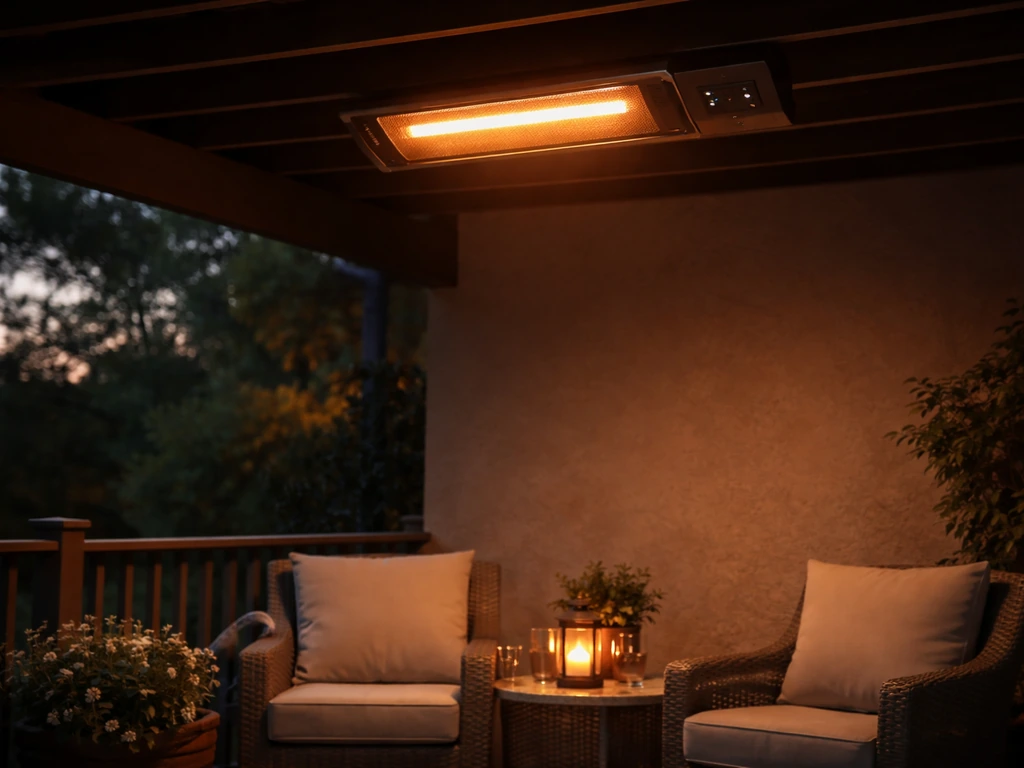 Ceiling-mounted infrared patio heater glowing over a quiet covered patio seating area at dusk.