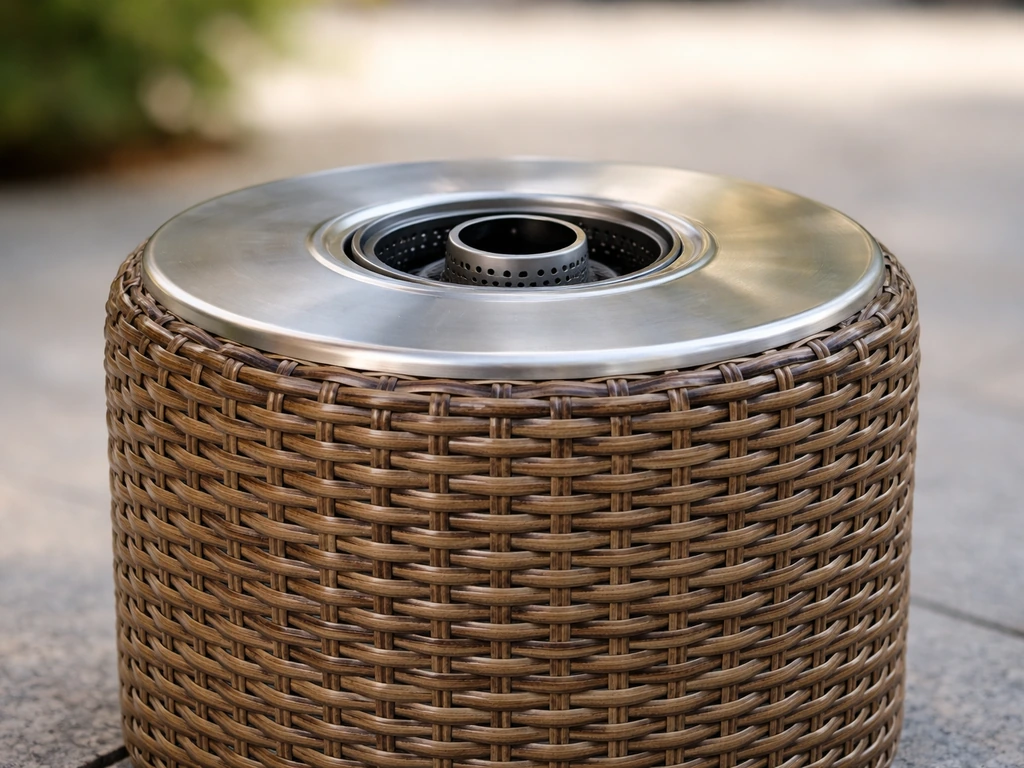 Close-up of a rattan tabletop patio heater showing the textured outer housing and heat source area.