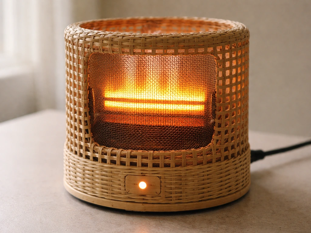 Close-up of a powered electric rattan tabletop heater with a warm glowing infrared/halogen element.