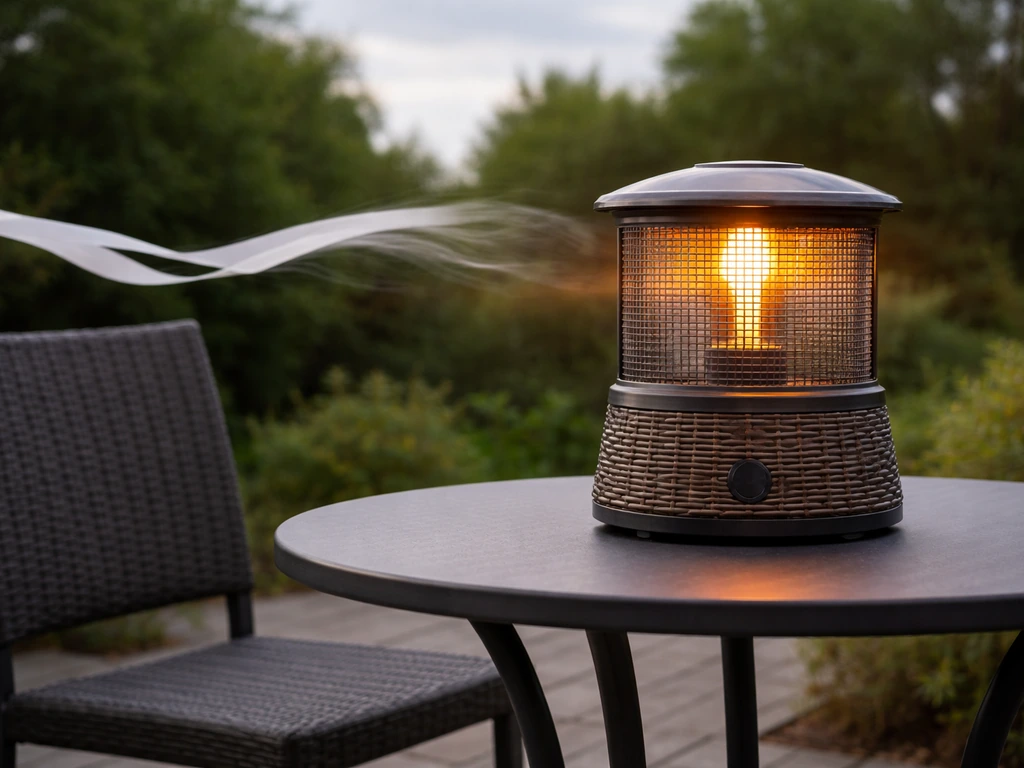 Tabletop rattan heater outdoors with a handheld airflow indicator showing wind disrupting warmth near the seating area.