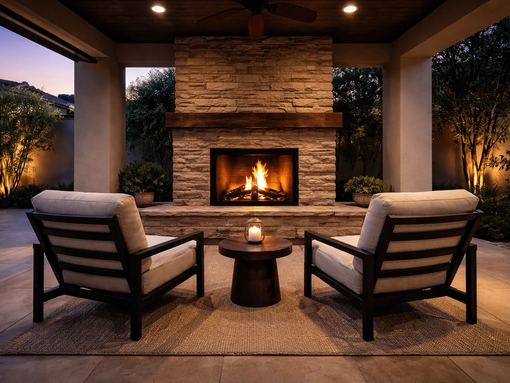 Covered patio with a modern outdoor fireplace and seating, warm lighting and cozy hearth ambiance.