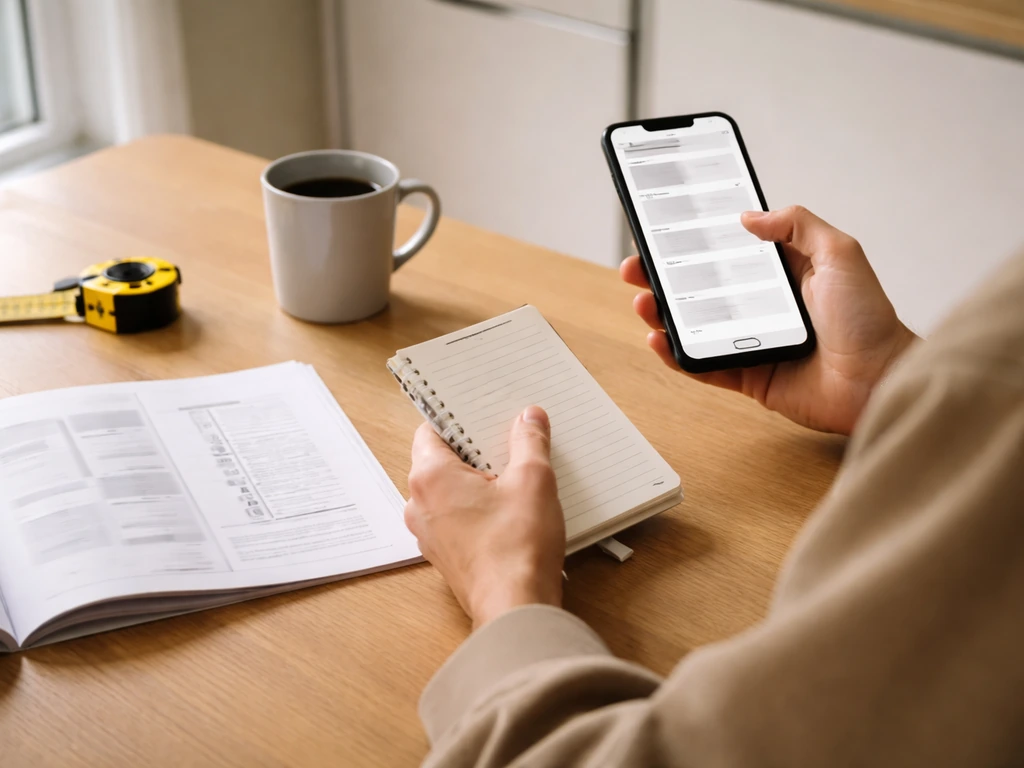 Person at a kitchen table scanning patio heater reviews on a phone, comparing key details.
