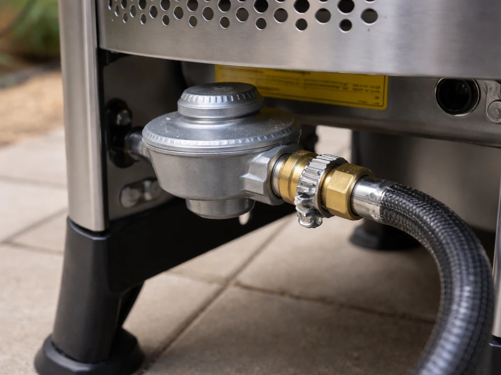 Close-up of a patio heater gas regulator and hose connection with a non-readable safety compliance sticker area.