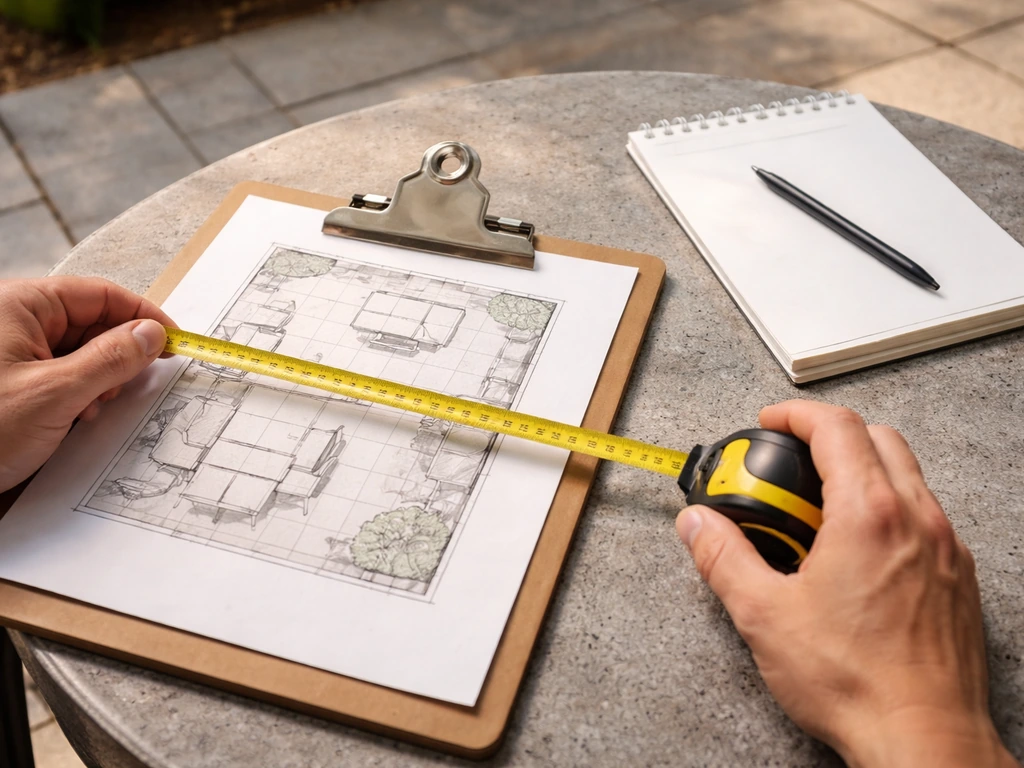 Measuring tape laid over a patio floor plan with a blank notepad and pen for pre-buy questions.