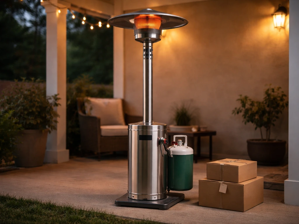 Outdoor patio propane heater on a porch, with boxes and item tags nearby, hinting at store product labeling.